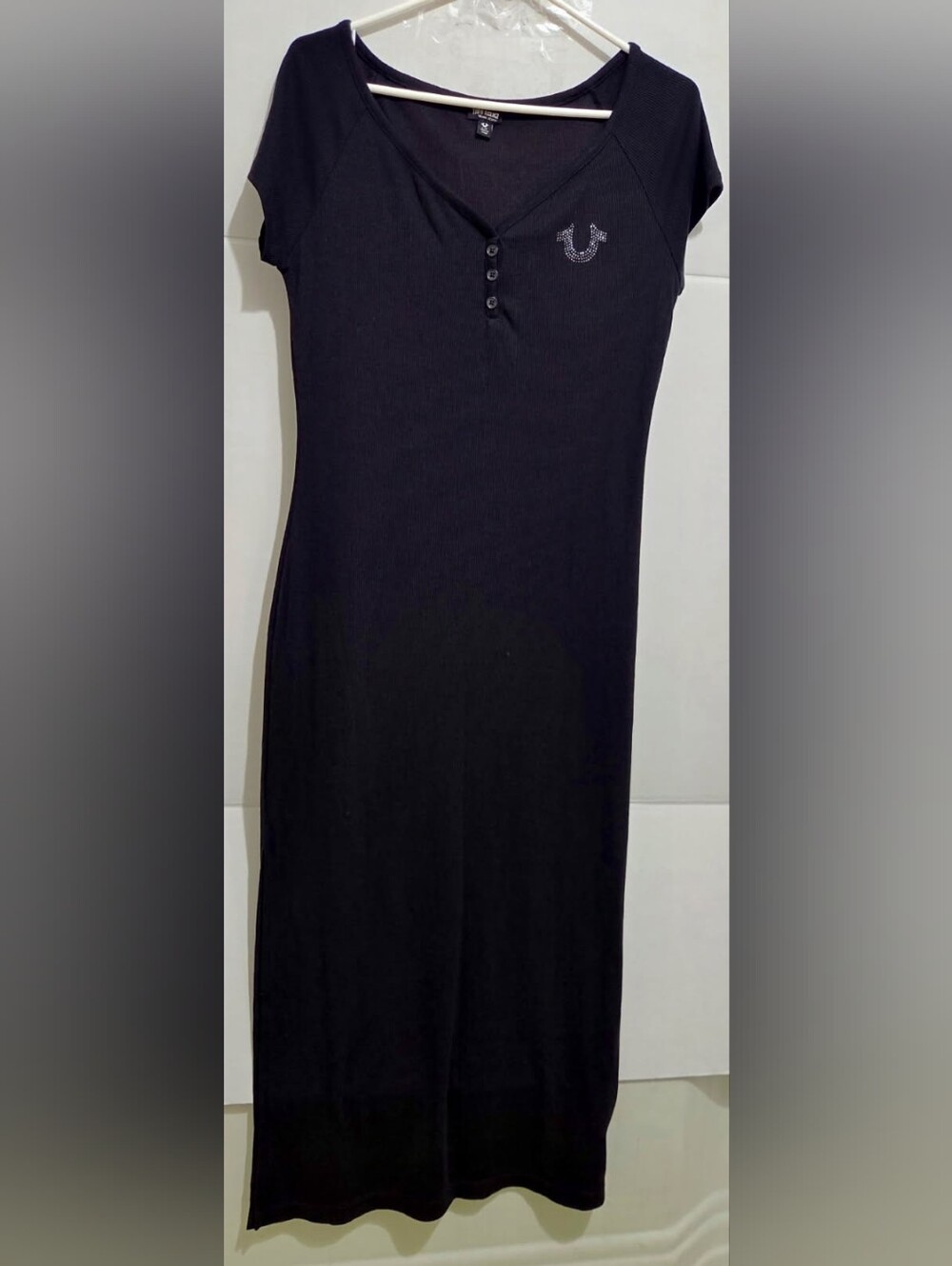 True Religion Women's Black Henley Rib Midi Short Sleeve Dress Size L